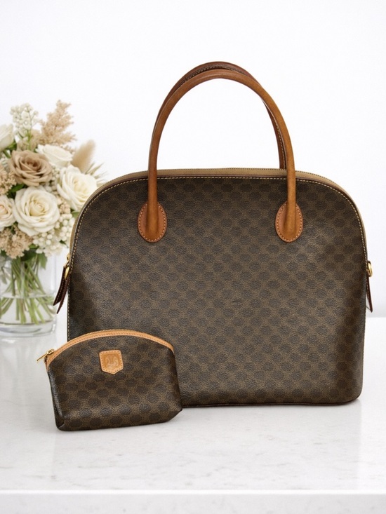 Celine Handbags - CELINE Set Macadame Dome Bag Satchel & Coin Purse VTG + COA Brown Luxury 10x12x5
